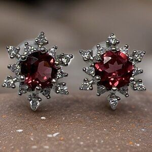 Earrings Jewelry Garnet Gemstone Red Rinestones S925 Sterling Silver Snowflake